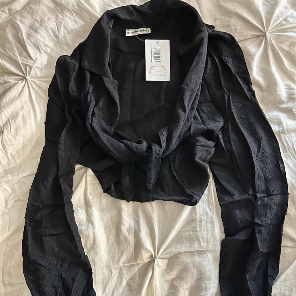 Black, Front-Tie Crop Top | Dot Texture | NWT | Size S